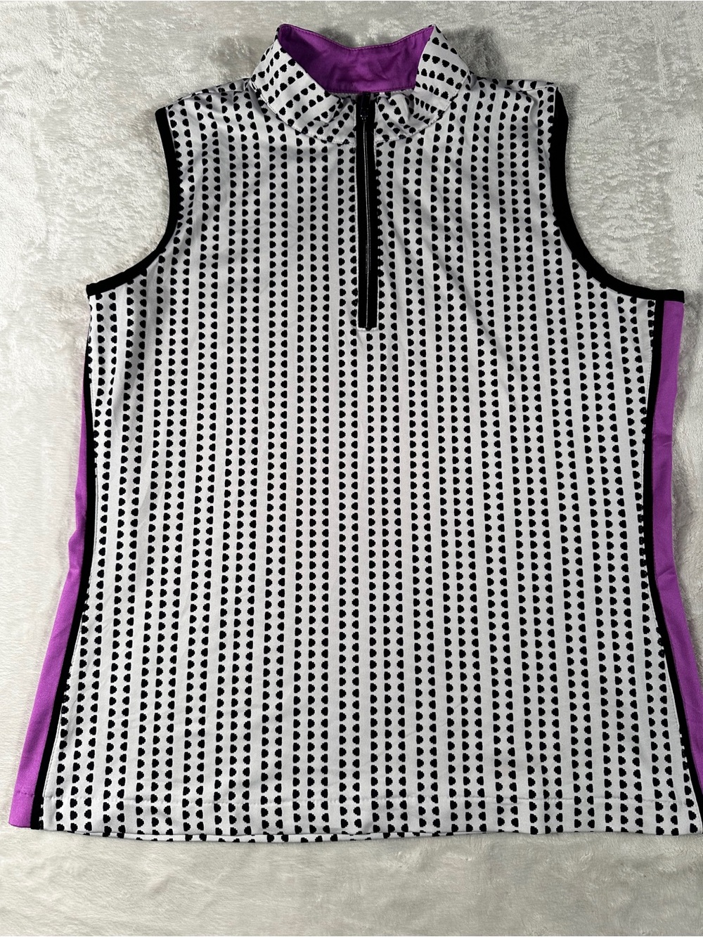 Tail Black & White Heart-Print Sleeveless Polo Tank with Purple Trim